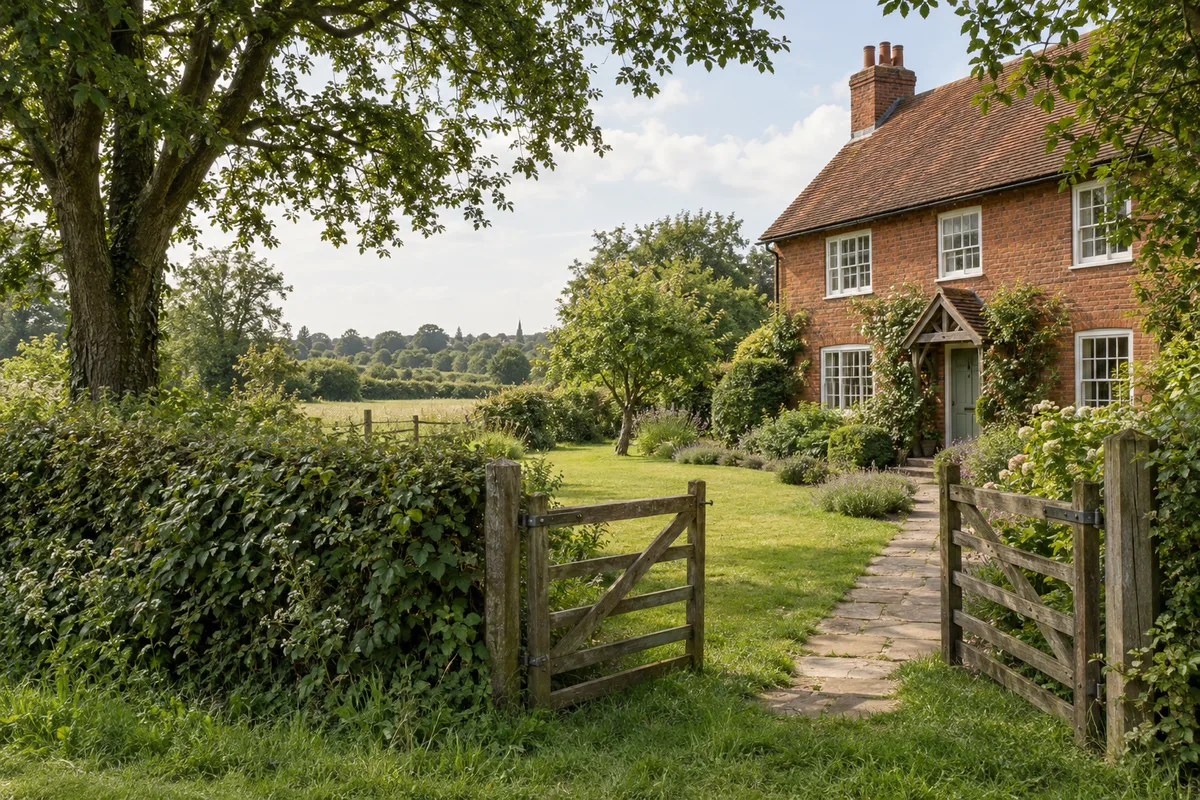 Illustrative brick house with a mature garden and adjoining open land