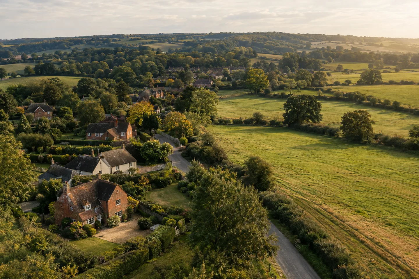 Illustrative English village-edge landscape with homes, fields and mature hedgerows